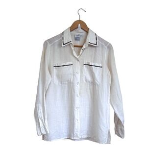 Carry Back Womens Vintage 100% Linen Shirt 6 White Euro Summer Coastal Button Up
